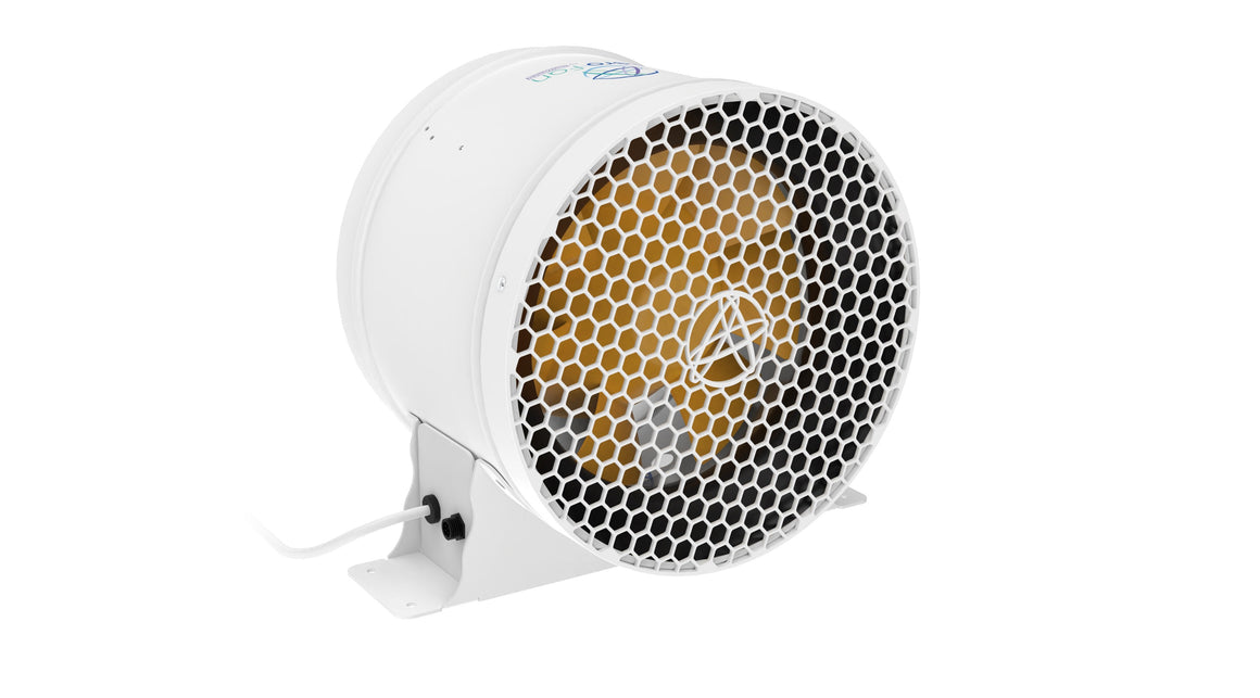 White hexagonal mesh ventilation fan with yellow inner fan blades and a wire on a white background.