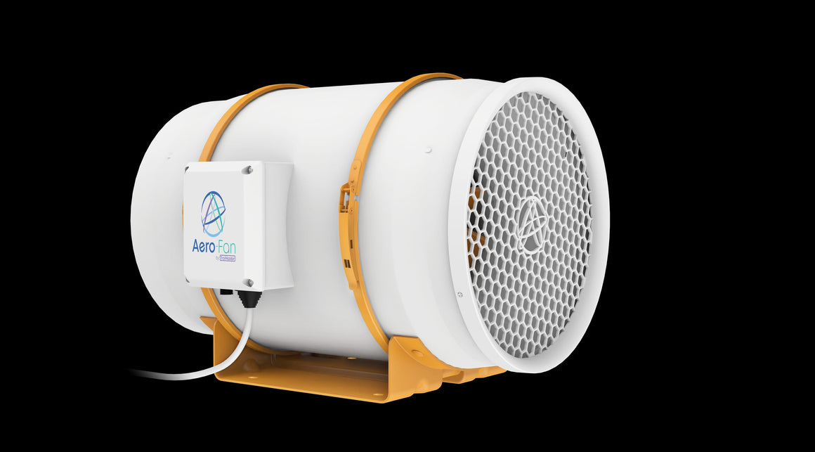 White cylindrical ventilation fan with orange accents and a control box labeled "Aero-Fan by TrolMaster."