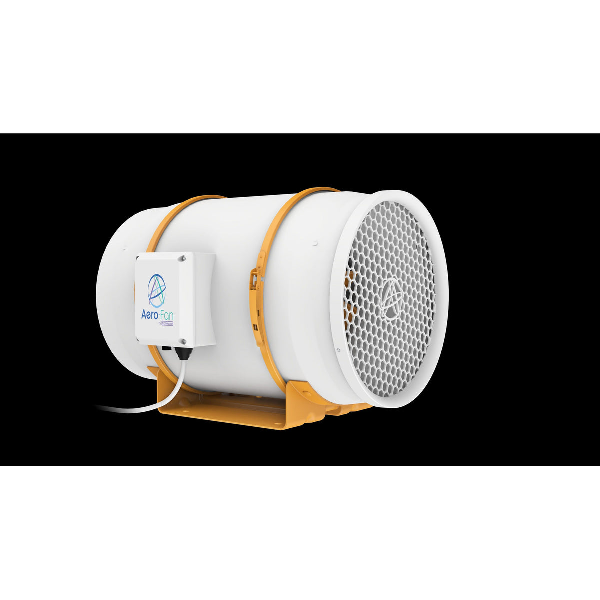 White cylindrical ventilation fan with orange accents and a control box labeled "Aero-Fan by TrolMaster."