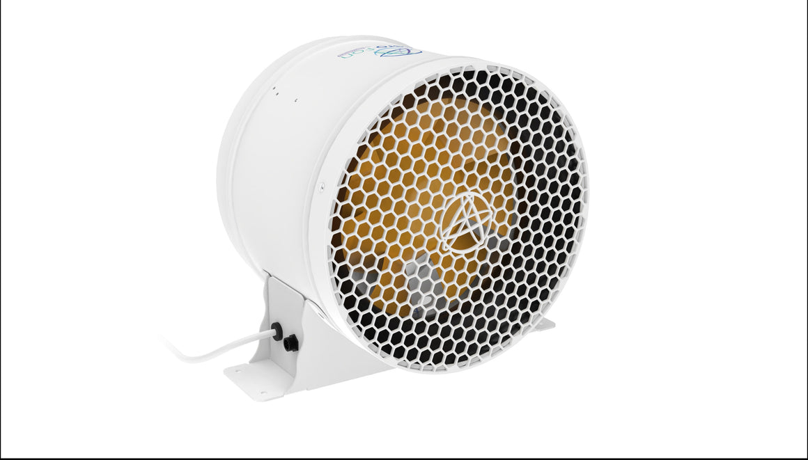 White cylindrical fan with honeycomb grille and yellow interior, mounted on a white bracket.