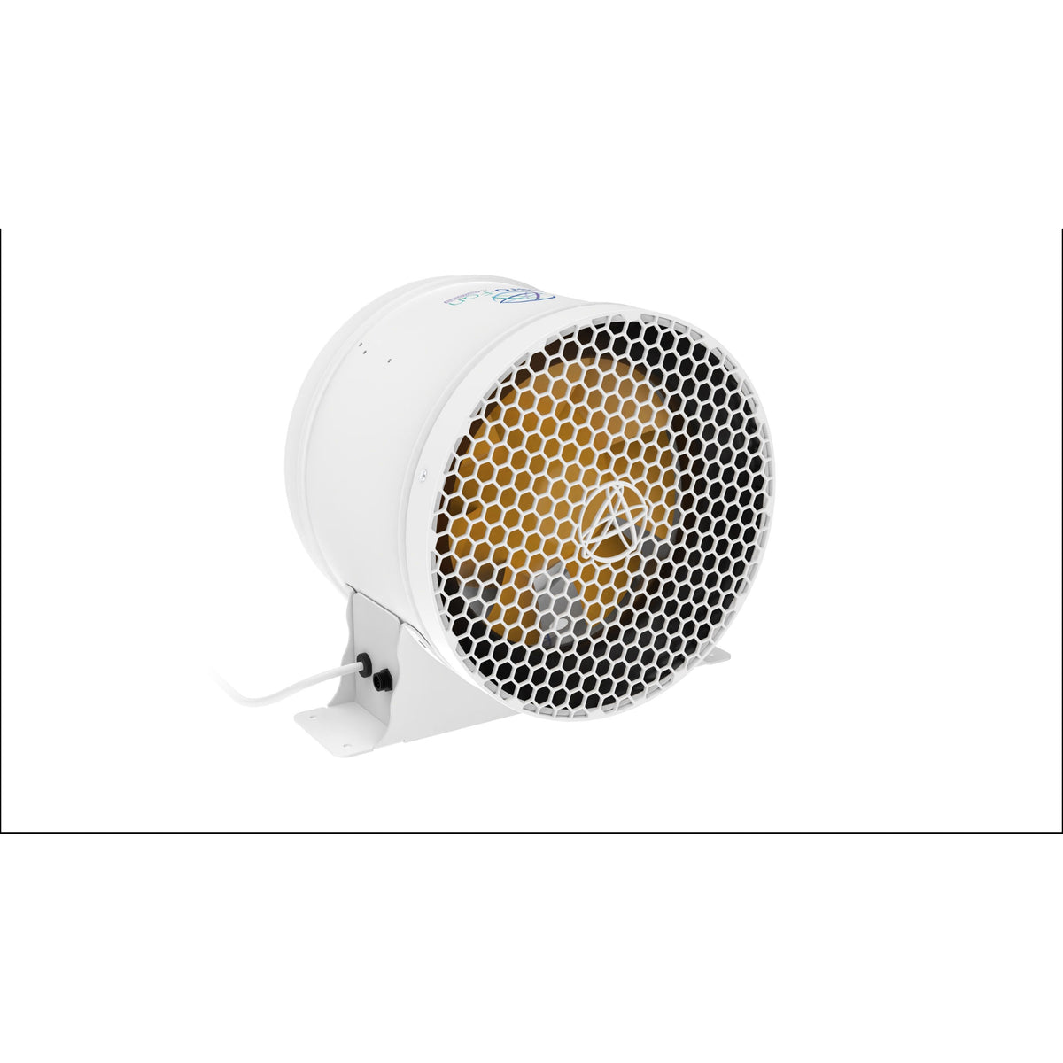 White cylindrical fan with honeycomb grille and yellow interior, mounted on a white bracket.