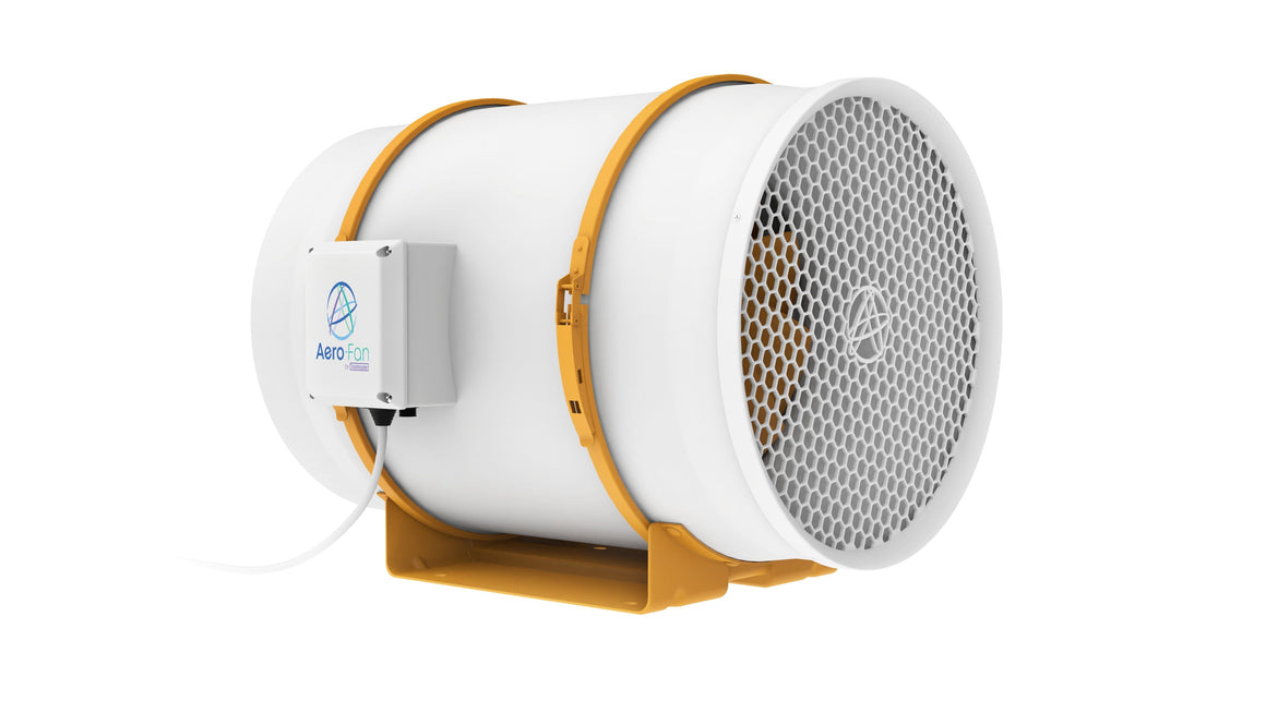 TrolMaster Aero-Fan V-12 ventilation fan, white with yellow straps and mount.