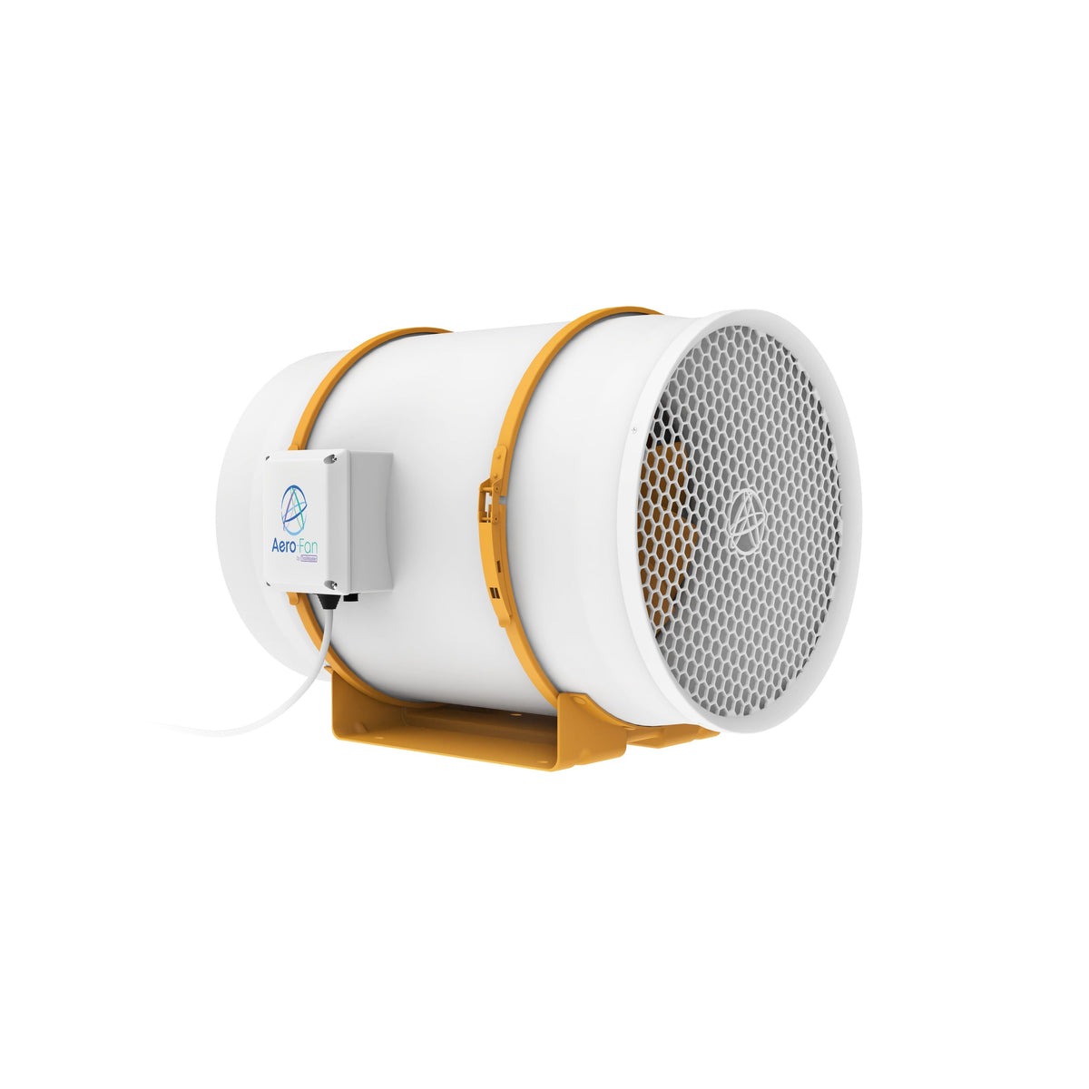 TrolMaster Aero-Fan V-12 ventilation fan, white with yellow straps and mount.