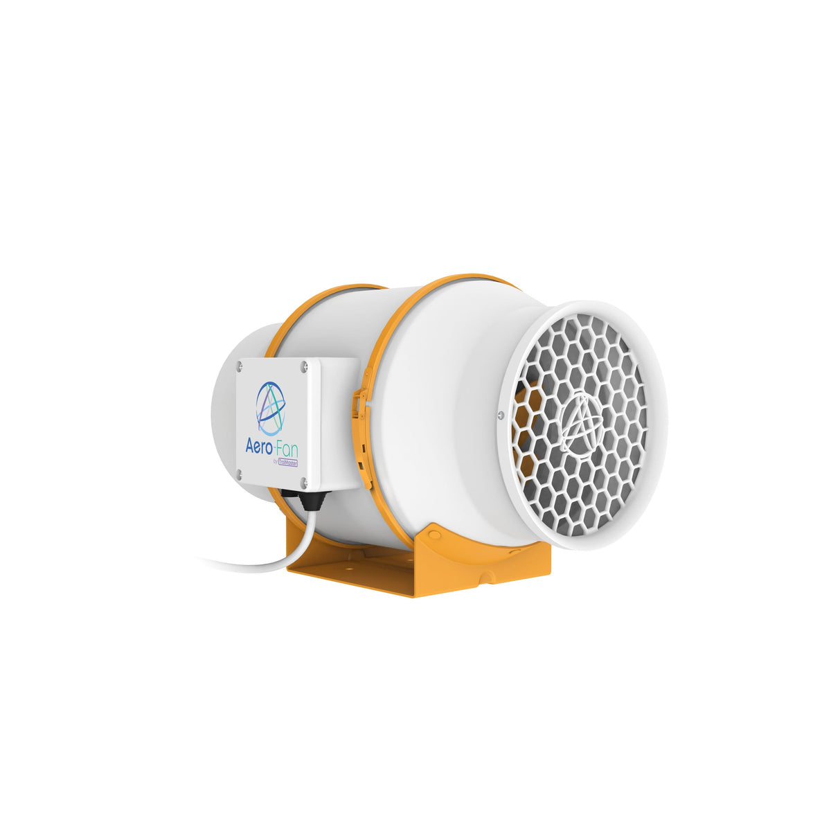 White and orange Aero-Fan ventillation fan by TrolMaster, hexagon grille, white enclosure with logo.