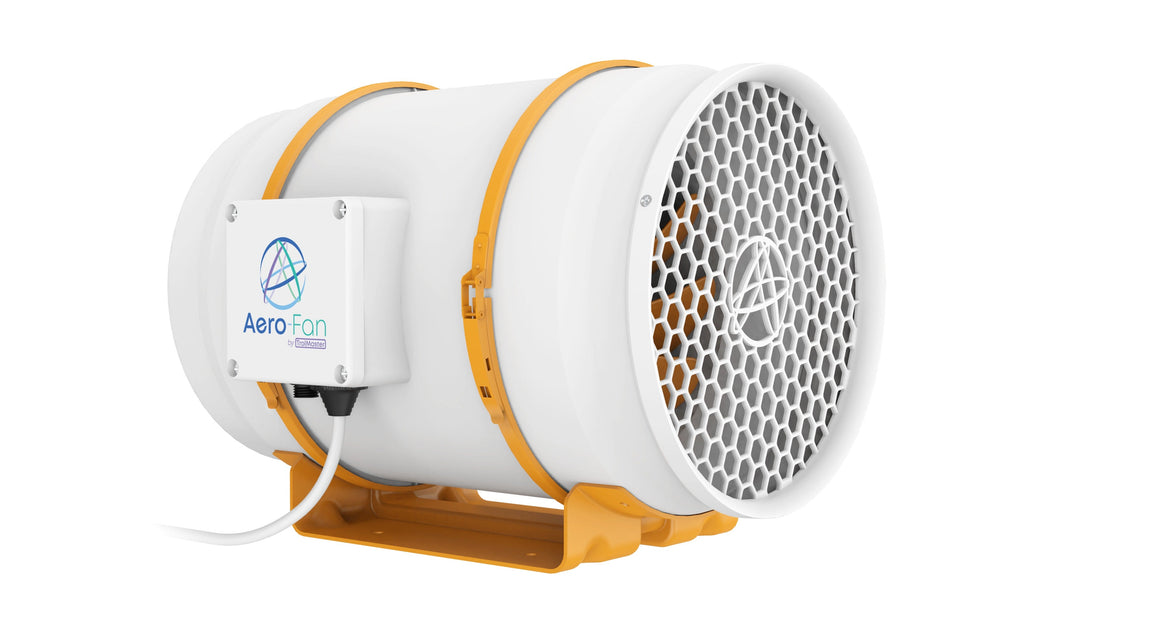 White and orange cylindrical fan with honeycomb grill and a control box labeled "Aero-Fan".