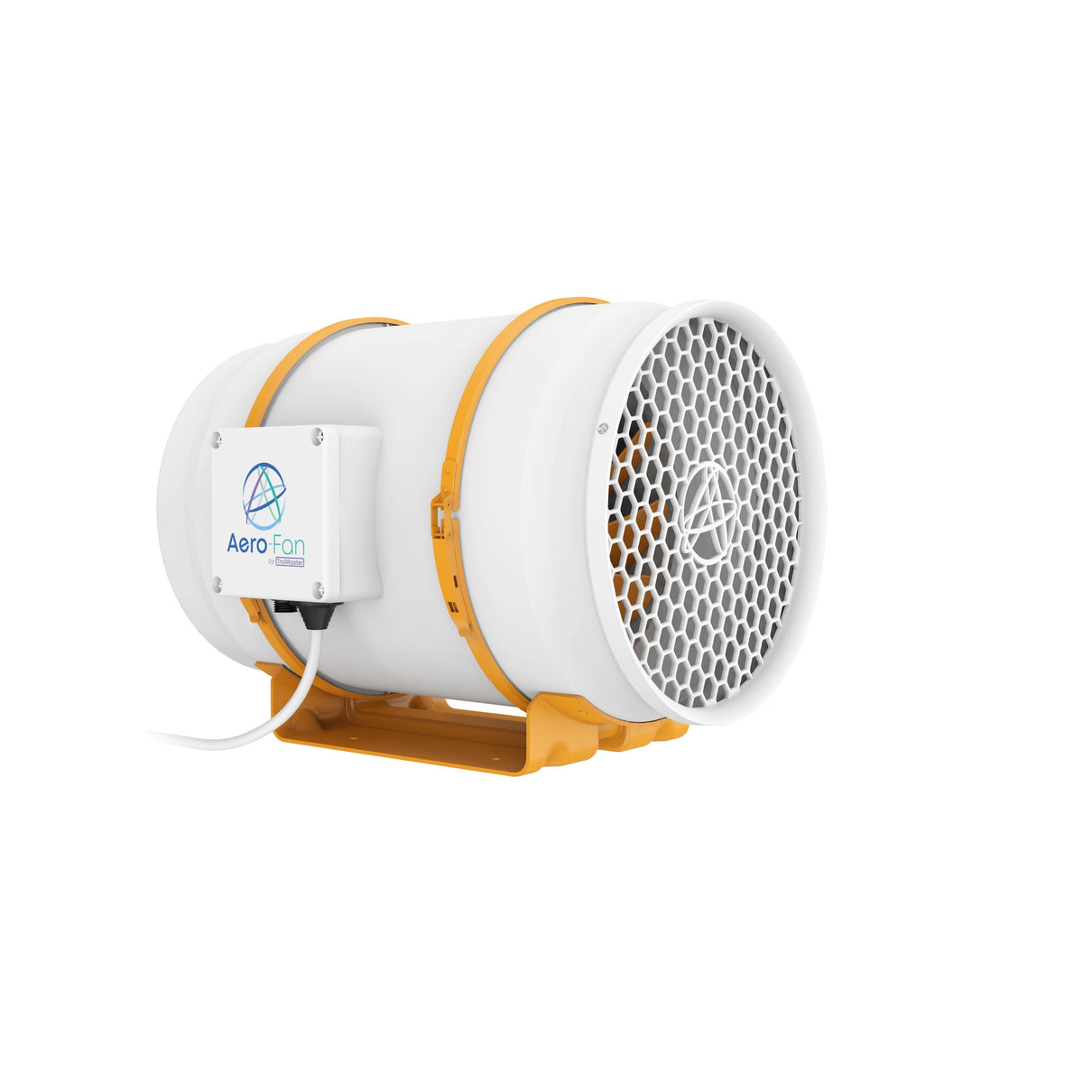 White and orange cylindrical fan with honeycomb grill and a control box labeled "Aero-Fan".