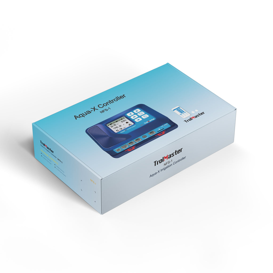 TrolMaster Aqua-X NFS-1 Irrigation Controller box, featuring a blue controller device with a digital display and buttons, with product details and branding.