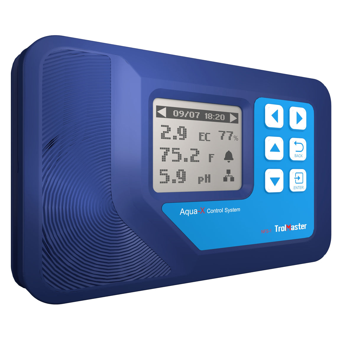 TrolMaster Aqua-X NFS-1 irrigation control system with blue casing and digital display.