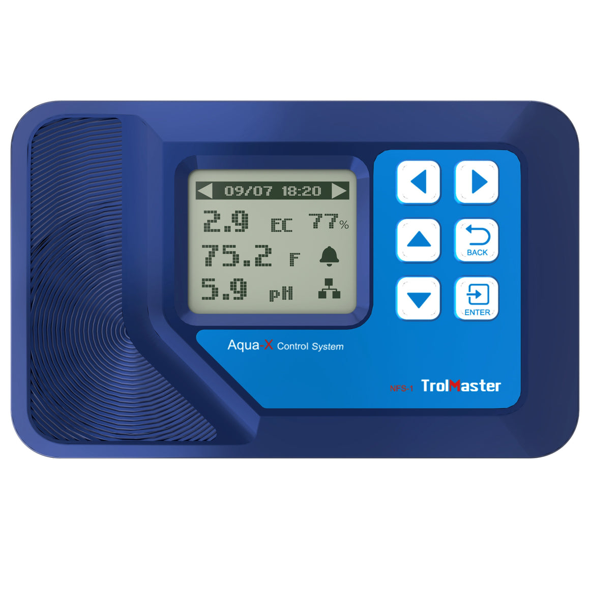 Blue Aqua-X Control System NFS-1 TrolMaster irrigation controller with digital display and buttons.