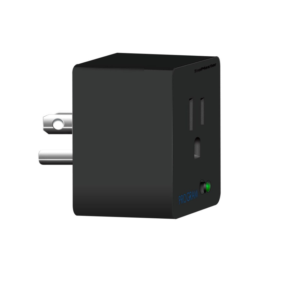 Black plug-in smart outlet with a "PROGRAM" button and green LED light.