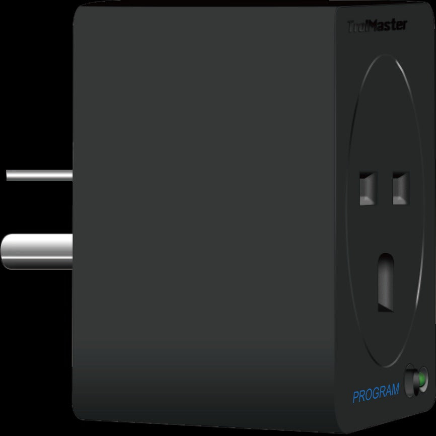 Black TrolMaster smart plug adapter with two outlets and two prongs.