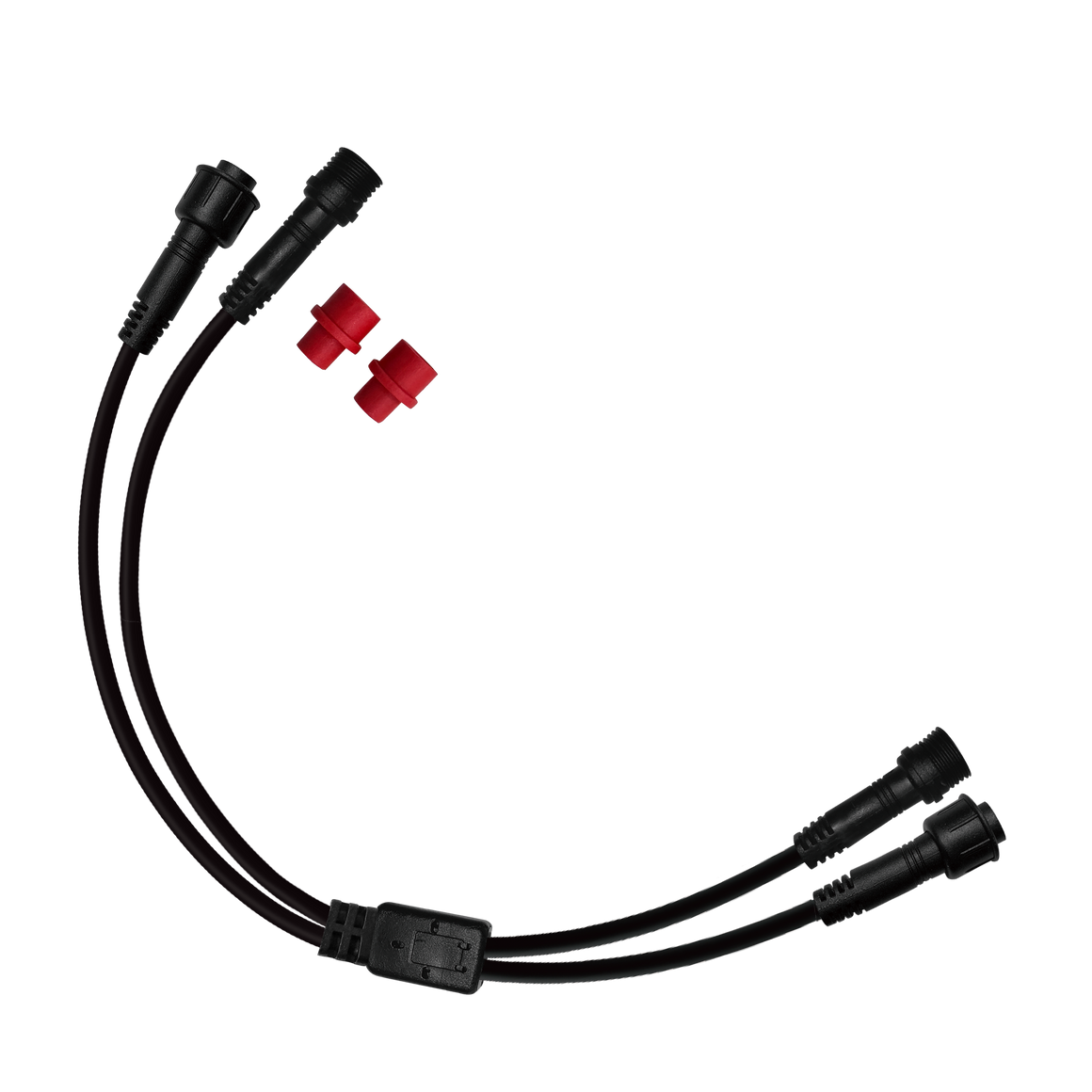 Splitter cable with two male waterproof connectors and two female connectors with red caps.