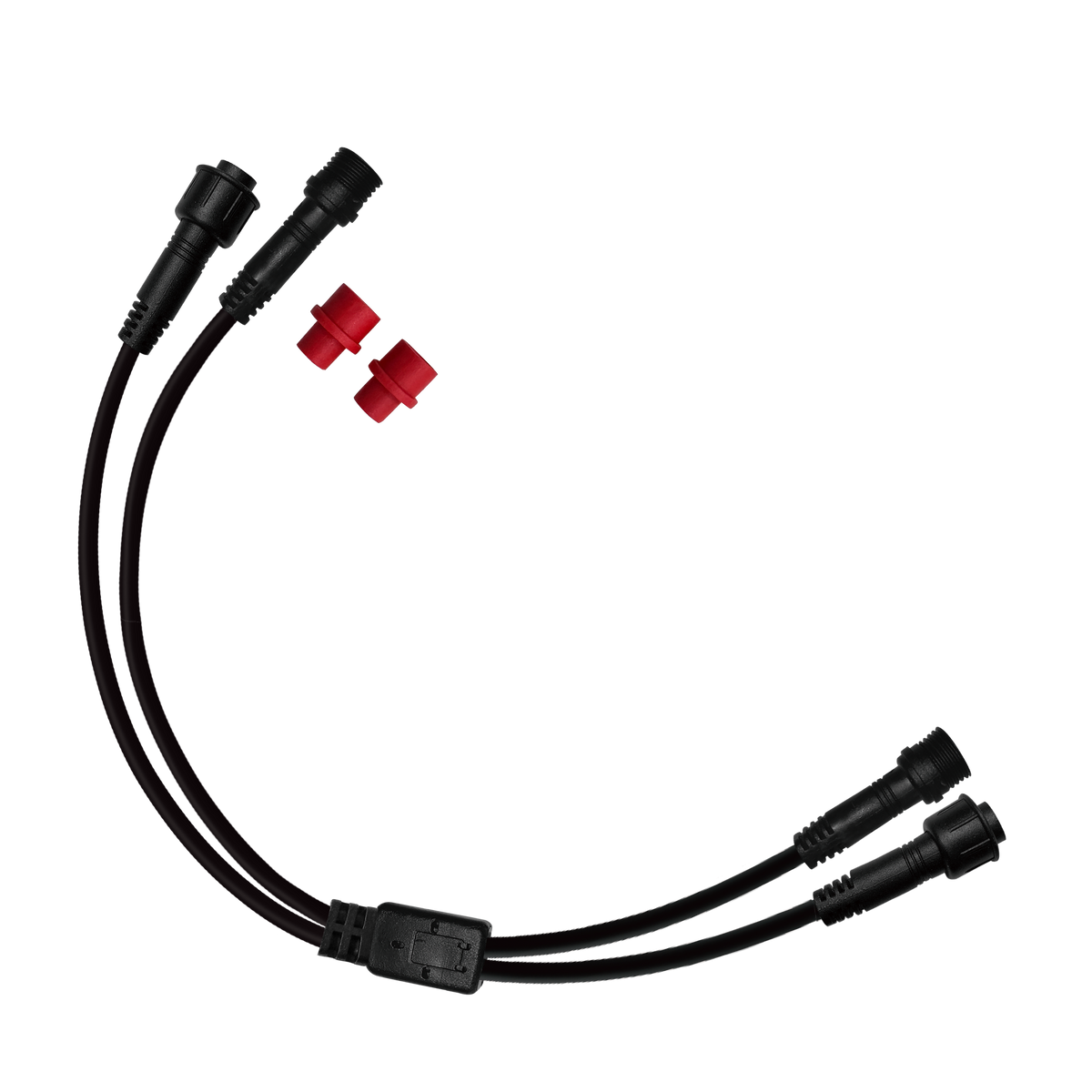 Splitter cable with two male waterproof connectors and two female connectors with red caps.
