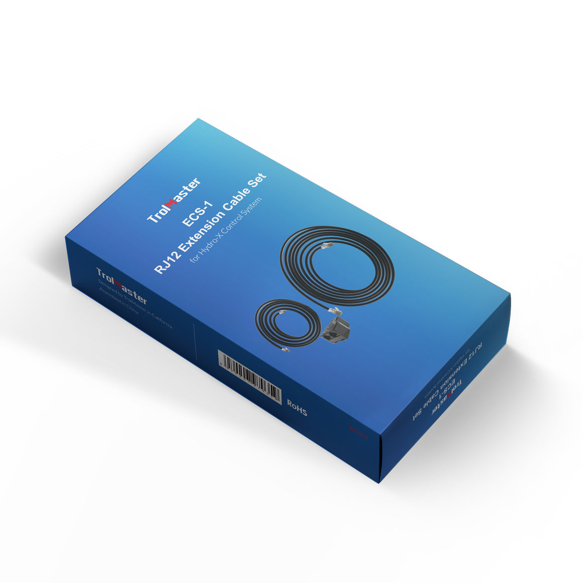 Blue box packaging for TrolMaster ECS-1 RJ12 Extension Cable Set for Hydro-X Control System.