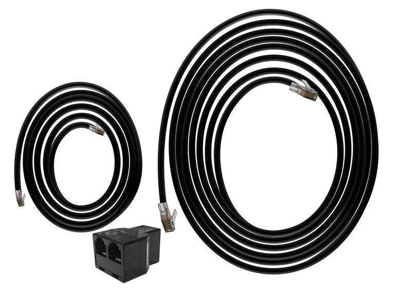 Two black network cables and a black RJ11 coupler on a white background.