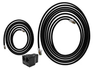 Two black network cables and a black RJ11 coupler on a white background.