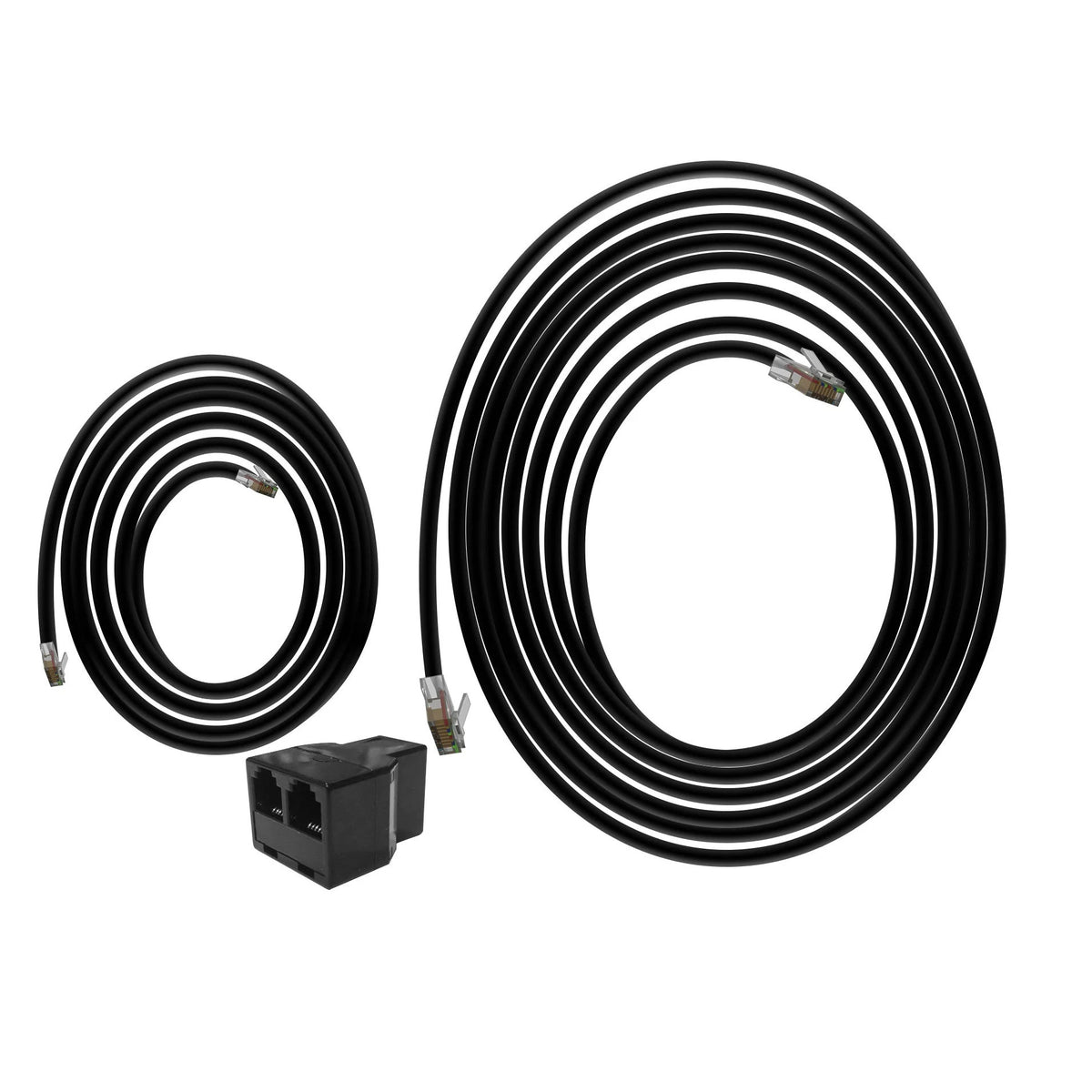 Two black Ethernet cables and a dual RJ45 splitter on a white background.