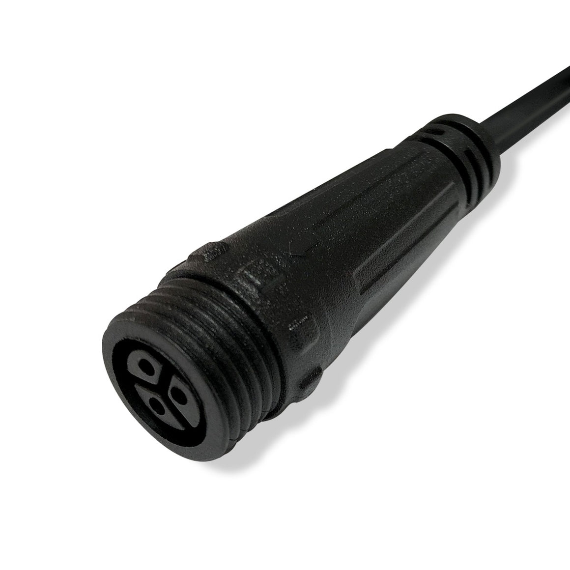Black 3-pin female connector with threaded housing and a cable extending from it.