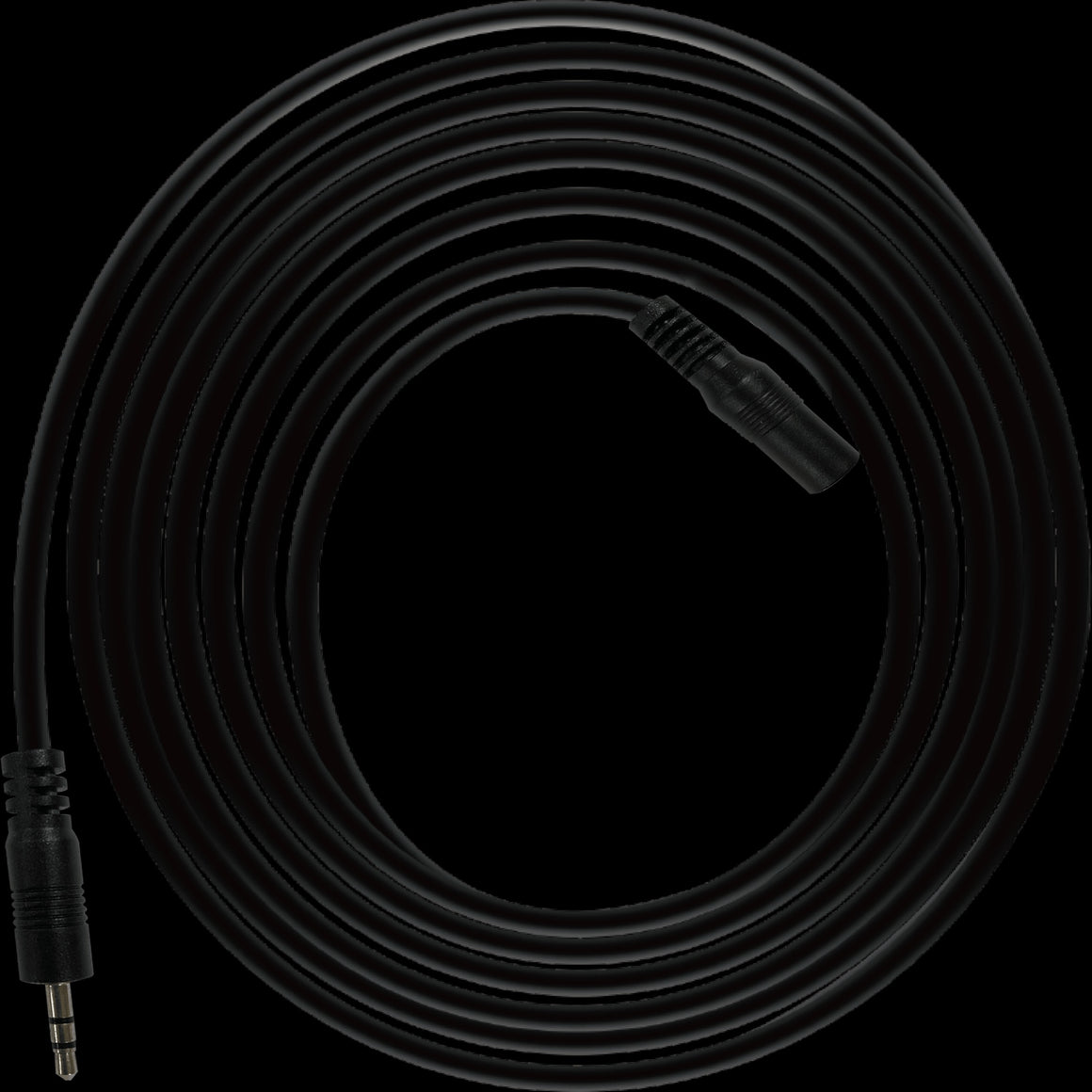 Black coiled cable with 3.5mm TRS plug and smaller connector.