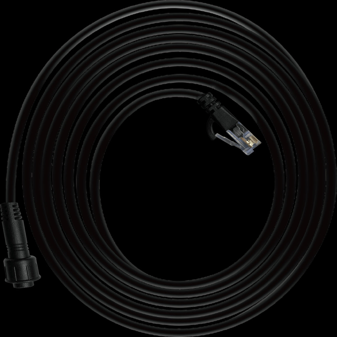 Black coiled cable with RJ45 connector and a black threaded connector.