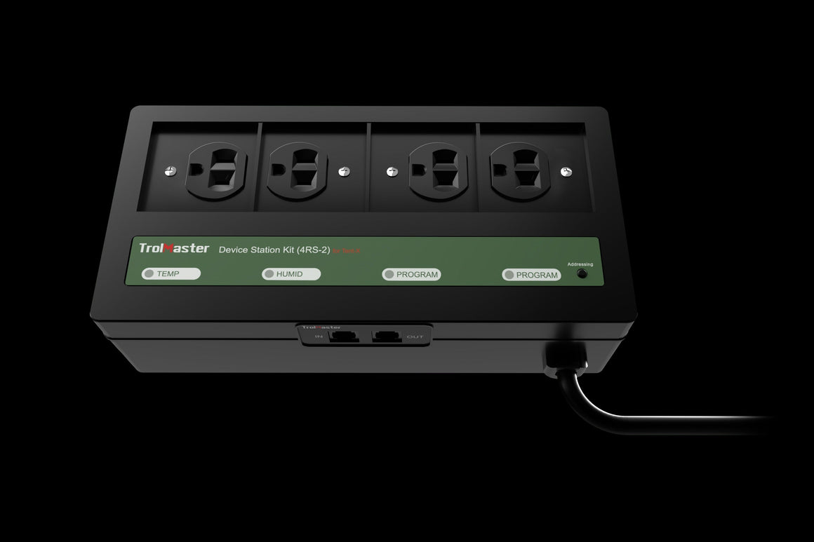 TrolMaster 4RS-2 Greenhouse Control: Four outlets, "TEMP", "HUMID", "PROGRAM" buttons, "Addressing" light.