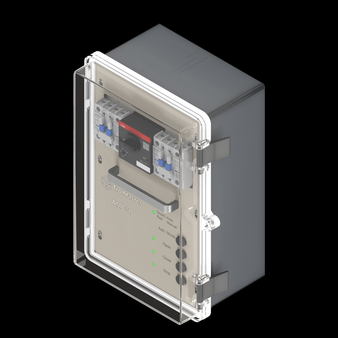 TrolMaster AMC-1 control unit, enclosed in a clear case with indicators for "Green: Auto" and "Red: Manual."