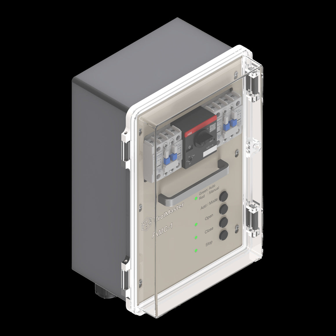 TrolMaster AMC-1: grey control box with clear lid, red/black ABB switch, green indicator lights, and buttons.
