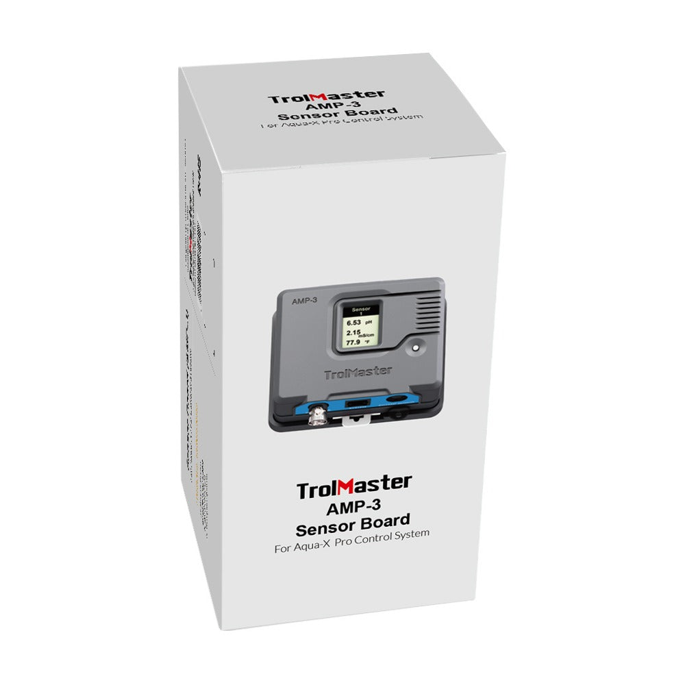 TrolMaster AMP-3 Sensor Board packaging with a grey device displaying readings.
