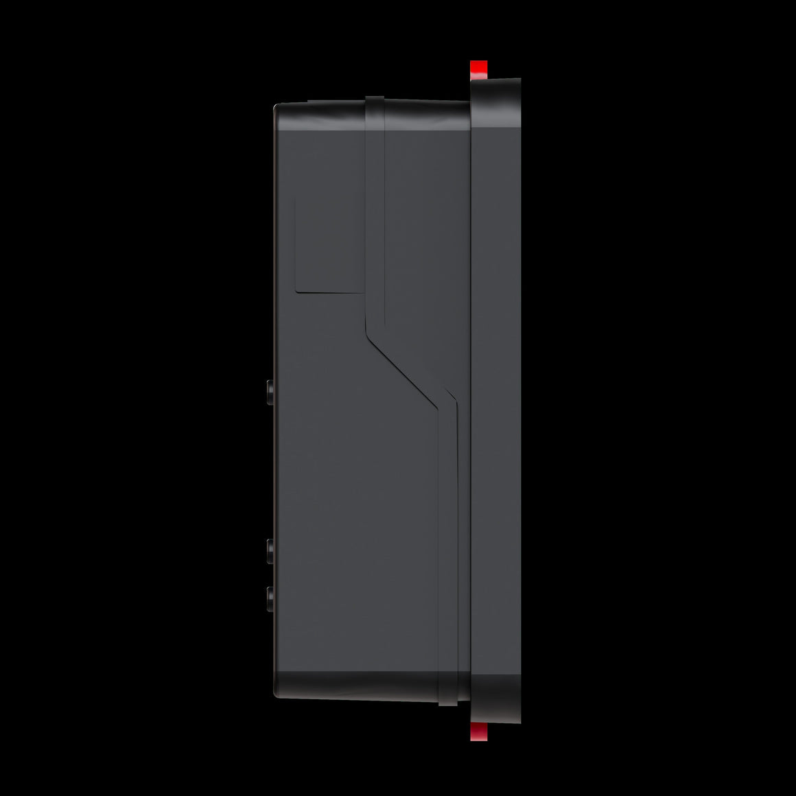 Side view of a black digital controller with red accents, mounted on a black background.
