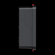 Side view of a black digital controller with red accents, mounted on a black background.
