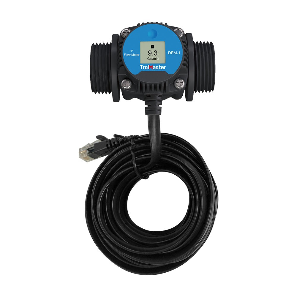 TrolMaster DFM-1 digital flow meter with an LCD screen displaying 9.3 Gal/min and a coiled black cable.