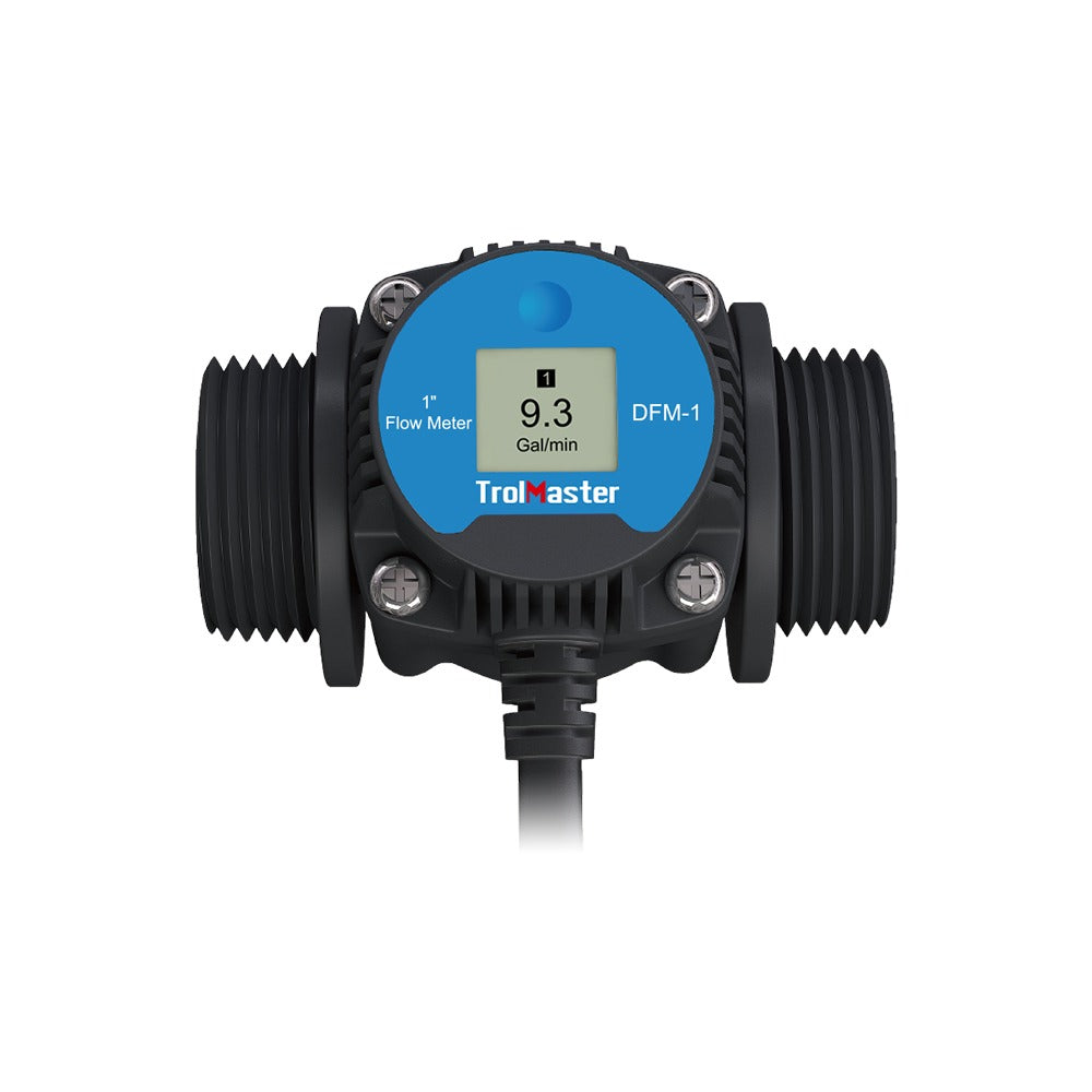 TrolMaster DFM-1 1" flow meter with digital display showing 9.3 Gal/min.