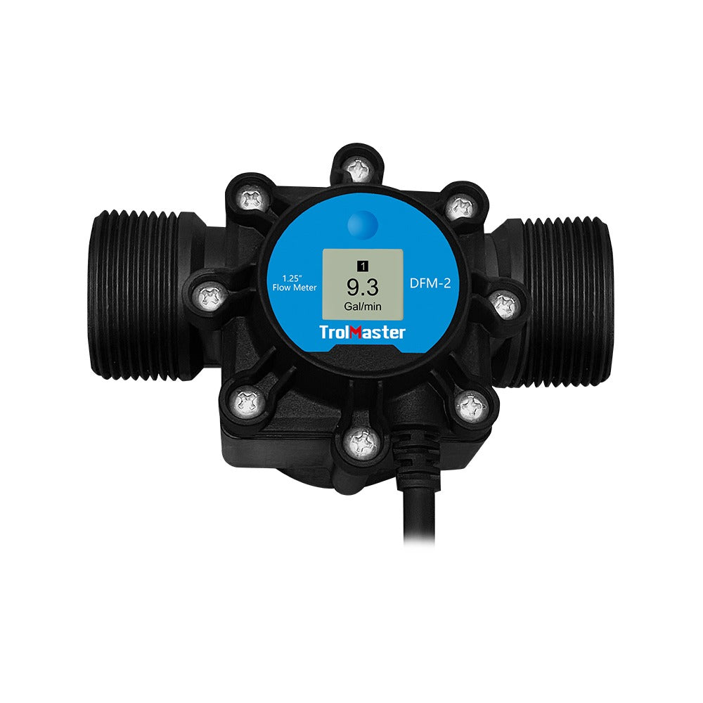 TrolMaster DFM-2 flow meter with digital display showing 9.3 gal/min and a 1.25" connection.