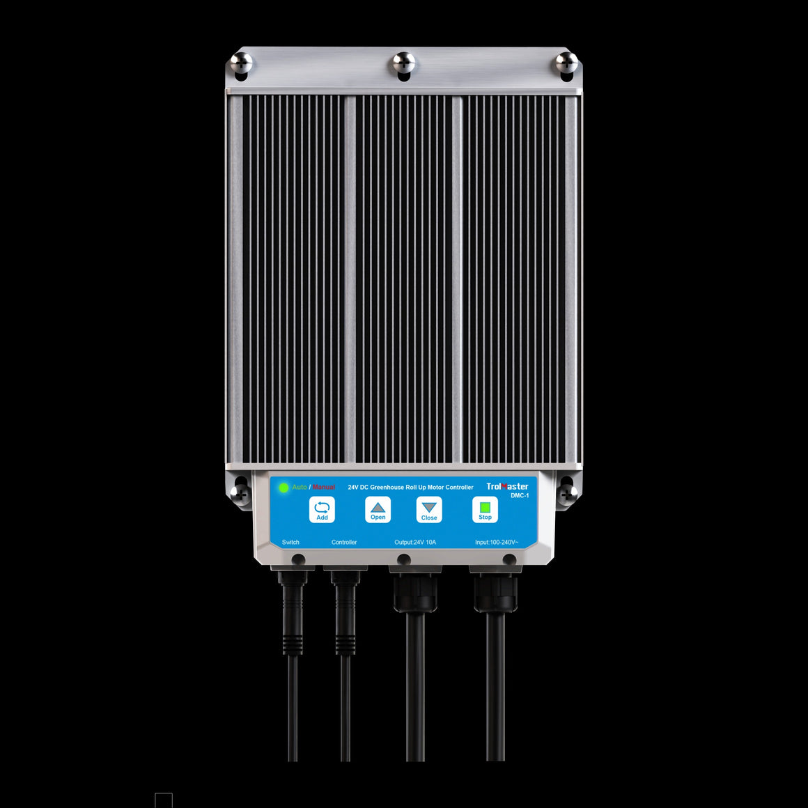 TrolMaster DMC-1 greenhouse roll-up motor controller features a heatsink, control panel with buttons, and cable connectors.