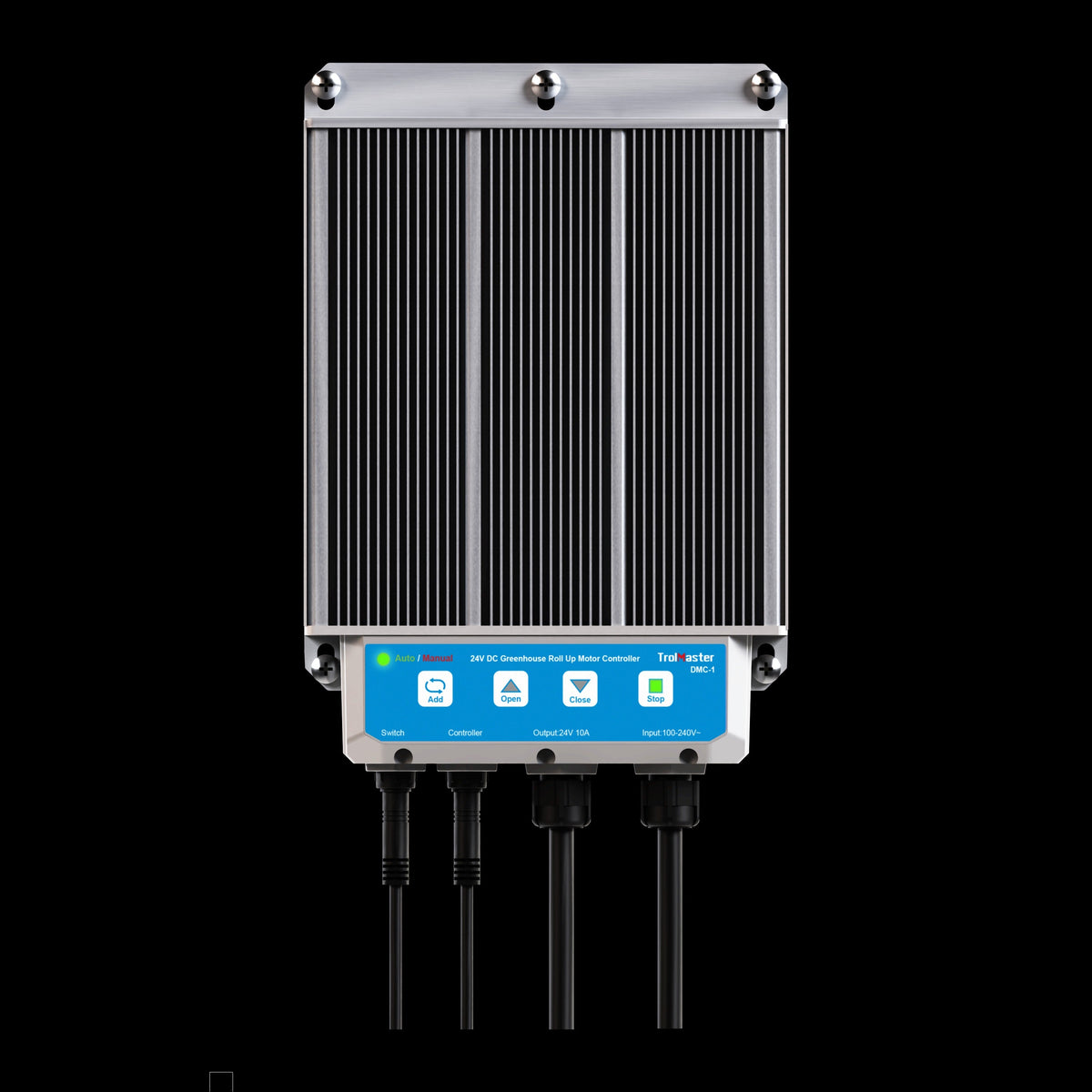 TrolMaster DMC-1 greenhouse roll-up motor controller features a heatsink, control panel with buttons, and cable connectors.