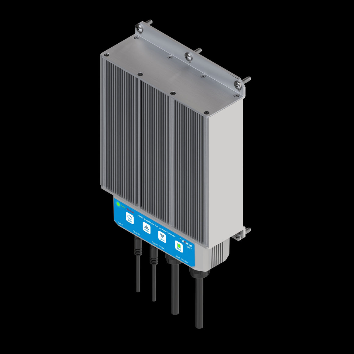TrolMaster DMC-1 greenhouse roll-up motor controller, aluminum casing, heatsink fins, blue control panel with icons & text, black cables.