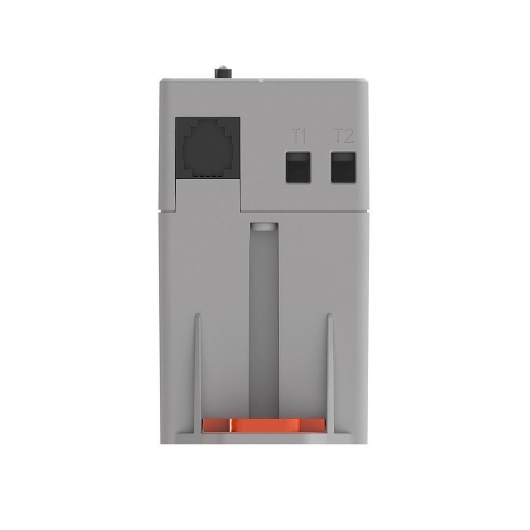 TrolMaster DSR-1 greenhouse controller with RJ45 port, T1/T2 indicator lights, and orange release lever.