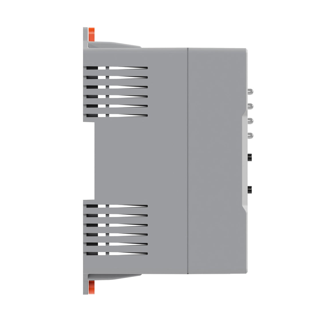 Side view of a gray TrolMaster Green-X DSR-1 greenhouse control unit with orange accents and ventilation slits.