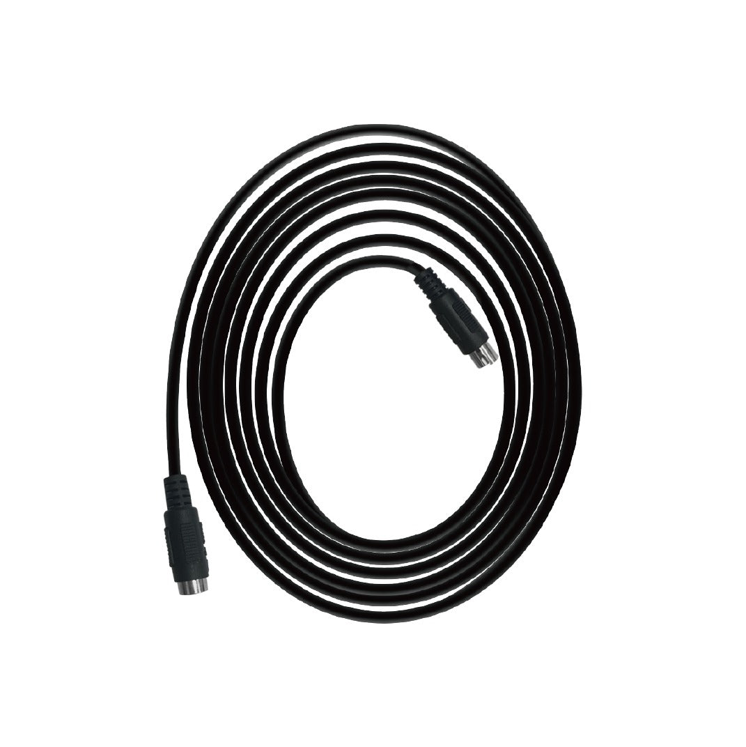 Black coiled cable with two 5-pin DIN connectors on a white background.