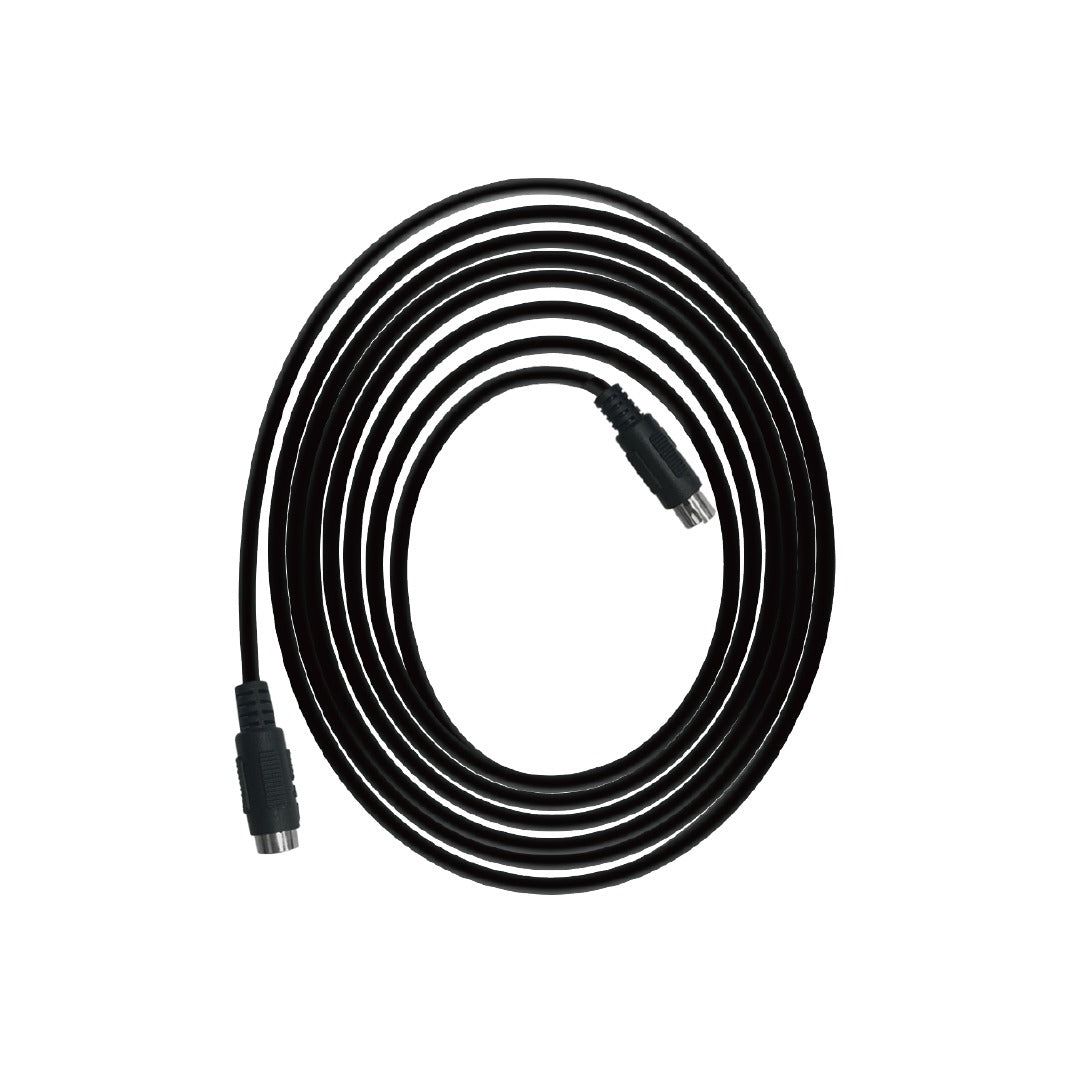 Black coiled cable with two 5-pin DIN connectors on a white background.
