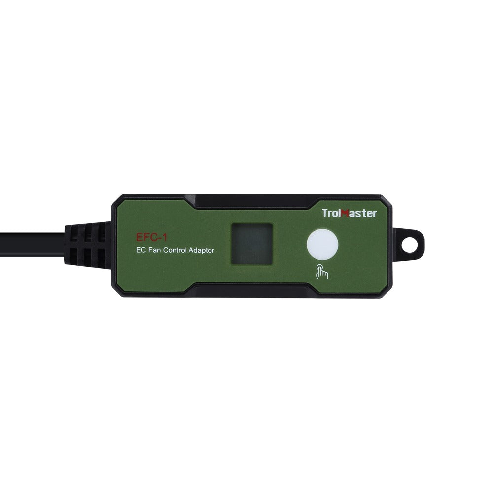 Green TrollMaster EFC-1 EC Fan Control Adaptor with touchscreen and button.