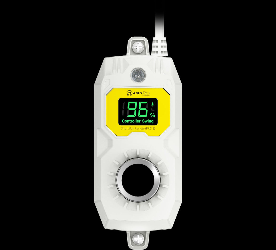 White Aero-Fan smart fan remote (FRC-1) with a digital display showing 96%.