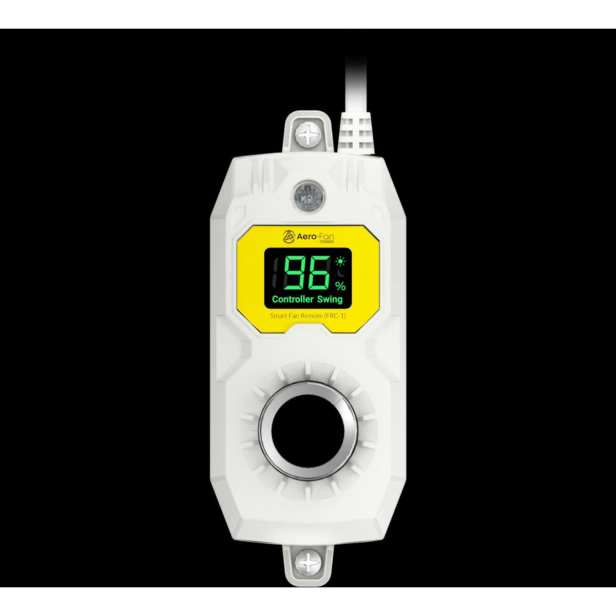 White Aero-Fan smart fan remote (FRC-1) with a digital display showing 96%.