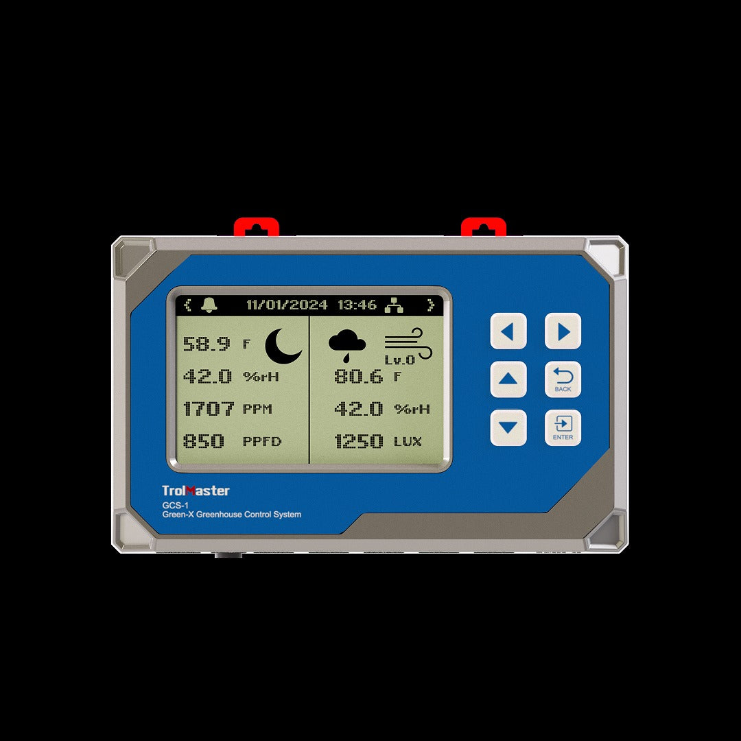 TrolMaster Green-X GCS-1 greenhouse control system with LCD screen displaying environmental data.