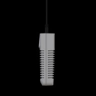 Gray greenhouse controller with black cable against black background.