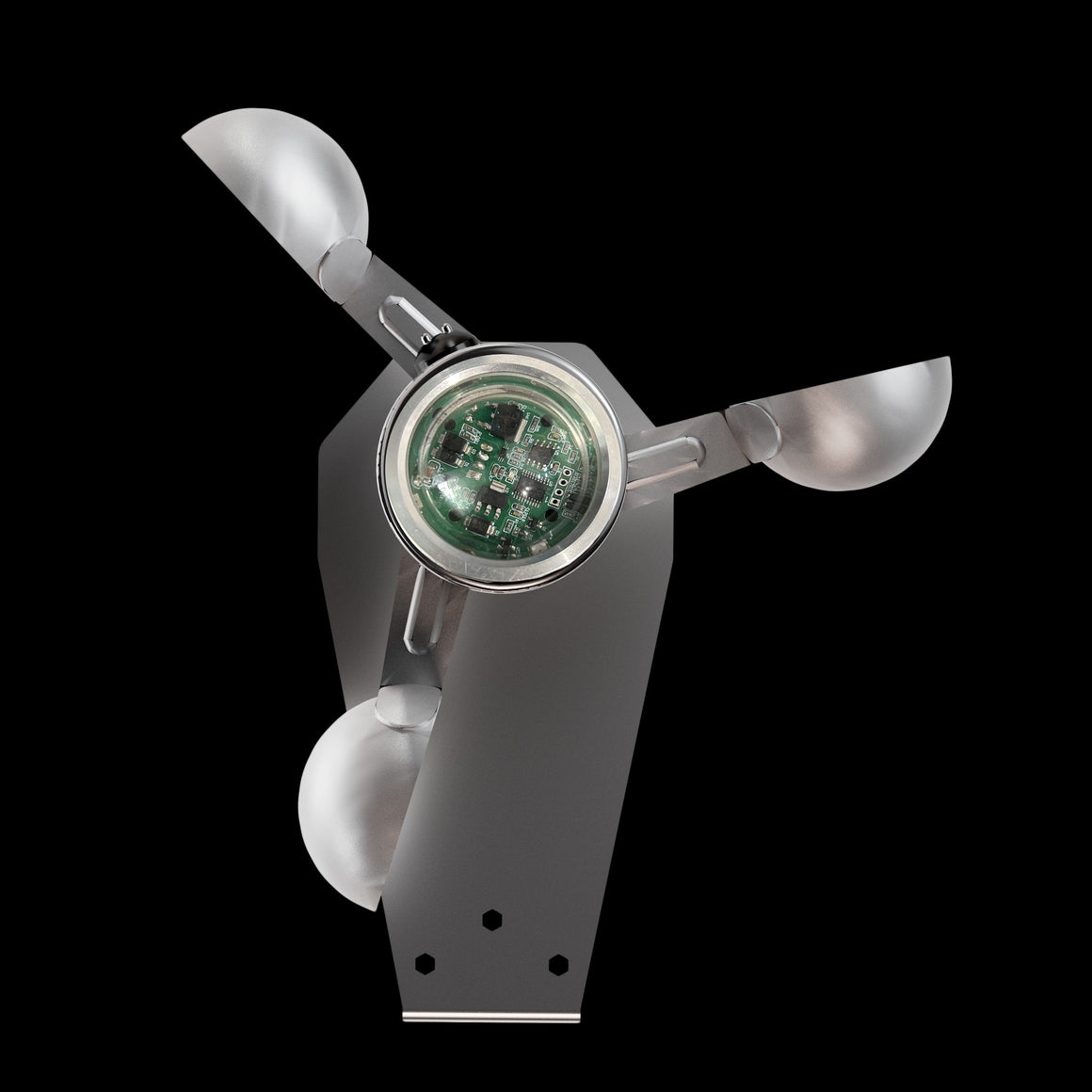Anemometer with three cups, electronic circuit board visible, on black background.