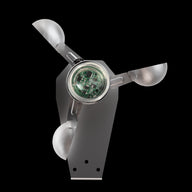 Anemometer with three cups, electronic circuit board visible, on black background.