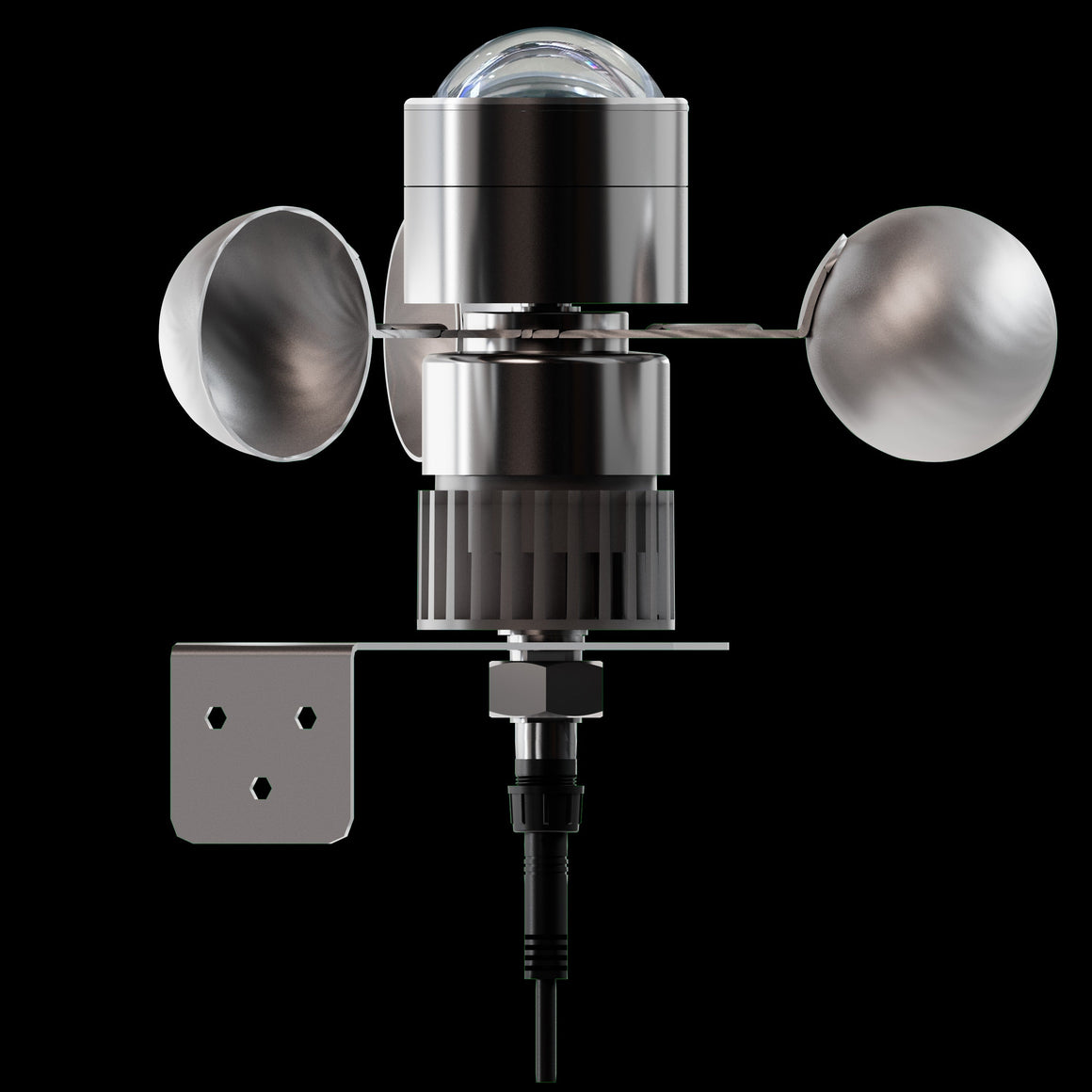 Close-up of a silver anemometer with a clear dome and fan cups, mounted on a black background.
