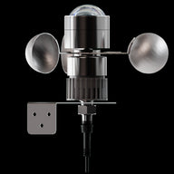 Close-up of a silver anemometer with a clear dome and fan cups, mounted on a black background.