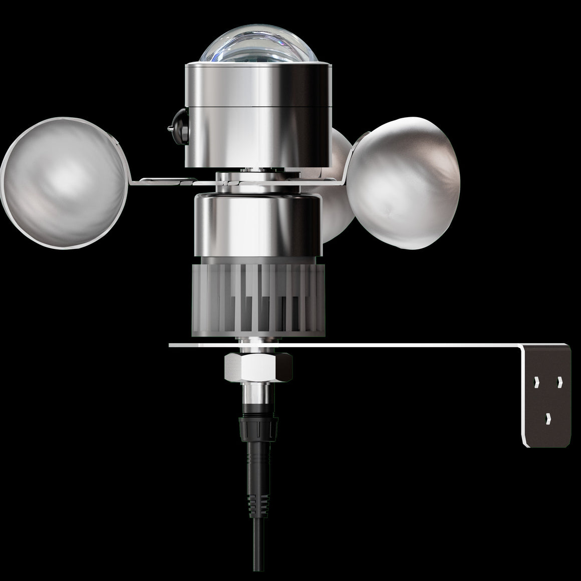 Shiny metal anemometer and weather sensor with clear dome, mounted on a bracket.